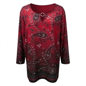 NEW Allison Daley Woman 3X Red Paisley Keyhole Tunic Top 3/4 Sleeve Soft Knit